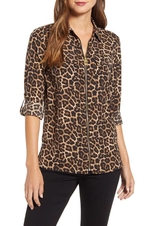 MK Michael Kors Silky Leopard Print Zipper Front Dog Tag Shirt 